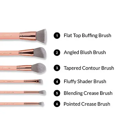 1 Flat top buffering brush, 2 Angled blush brush, 3 tapered contour brush, 4 Fluffy shader brush, 5 Blending crease brush, 6 Pointed crease brush