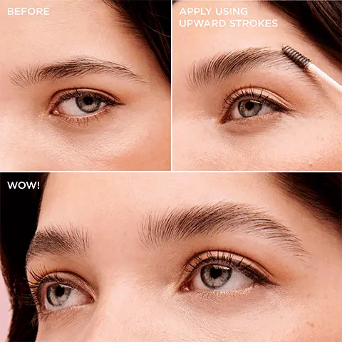 Image 1, Before shot, Apply using upward strokes, After shot. Image 2, 93% said it easily feathers brows, 96% said brows look fuller. 97% said it has a reworkable hold. Image 3, Before and after model shot. Image 4, Argan oil, helps brows hair feel nourished and soft, candelilla wax, contributes to the flexibility of the formula. Jojoba seed oil, helps brow hairs feel conditioned and nourished. Shea butter, helps provide creamy, flexible texture. Image 5, mini vs full size.