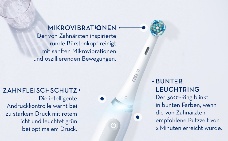 Mikrovibration. Der von Zahnarzten inspirierte runde Burstenkopf reingt mit sanften Mikrovibration und oszillierenden Bewegungen. Zahnfleischschutz. Die intelligente Andruckkontrolle warnt bei zu starkem Druck mit rotem Licht und leuchtet grun bei optimalem Druck. Bunter Leuchtring. Der 360 Ring blinkt in bunten Farben, wenn die von Zahnarzten empfohlene Putzzeit von 2 Minuten erreicht wurde.