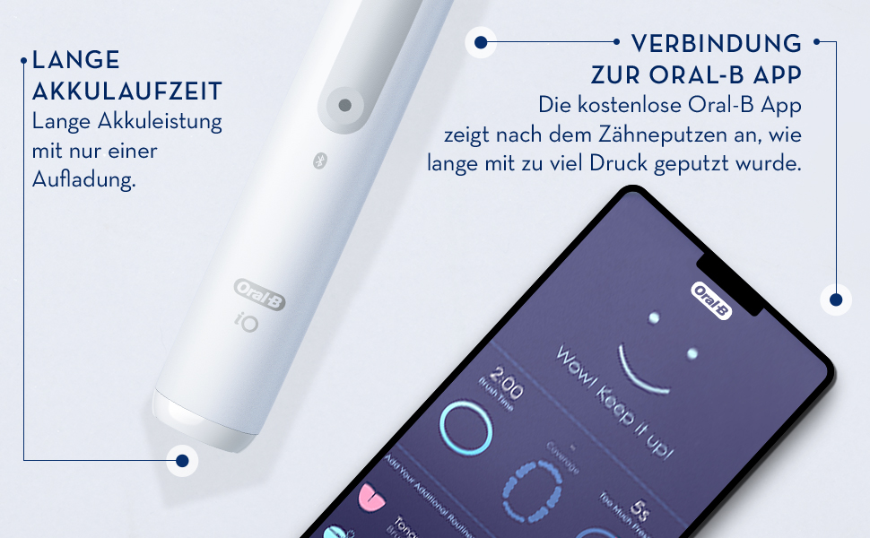 Lange Akkulaufzeit. Lange Akkuleistung mit nur einer Aufladung. Verbindung Zue Oral-B App. Die kostenlose Oral-B App zeigt nach dem Zahneputzen an, wie lange mit zu viel Druck geputzt wurde.