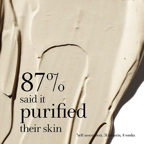 Image 1, 87% said it purified their skin 'self-assessment, 31 subjects, 4 weeks Image 2, Umbrian clay to purify and balance + sandalwood oil to help calm