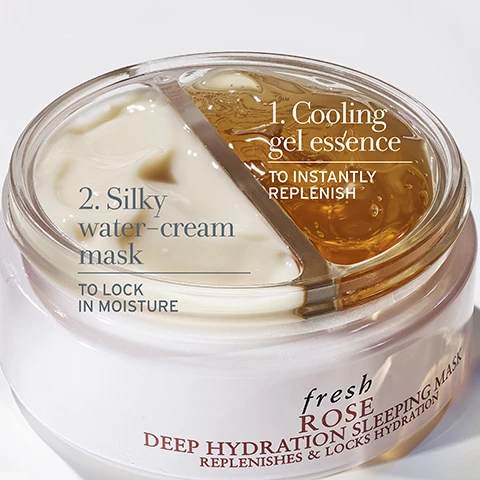 Image 1, 1 - cooling gel essence to instantly replenish. 2 - silky water-cream mask to lock in moisture. image 2, hyaluronic acid attracts and maintains moisture. damask rose extract strengthens skin barrier. rosewater calms and smooths. image 3, how to use, step 1 = apply the gel essence and let it absorb. step 2 = follow with the water cream mask. image 4, 100% agreed skin felt bouncy, dewy and supple. 48 hour deep hydration. 100% noticed a softer and smoother skin feel. self assessment, 64 subjects, 4 weeks. instrumental test 11 subjects