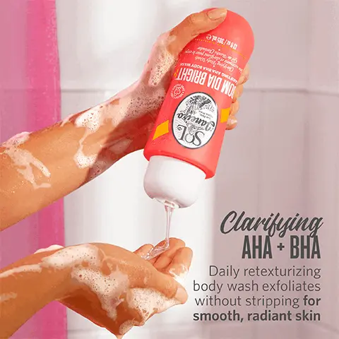 Image 1, Clarifying AHA and BHA- Daily retexturizing body wash exfoliates without stripping for smooth radiant skin. Image 2, Smooths rough and bumpy skin and helps unclog pores for clearer looking skin. Image 3, fruit AHA gently exfoliates, salicylic acid helps clarify pores and lactic acid that renews and supports cell turnover. Image 4, Non stripping gentle cleanser that leaves skin soft and touchable. Image 5, A sensual and elegant fragrance with intoxicating dark fruit, delicate florals and creamy vanilla woods and a hint of musk. Image 6, Visibly brightening body routine, 1. Gently exfoliates and clarifies 2. Resurfaces and transforms. 3. Visibly brightens and smooths