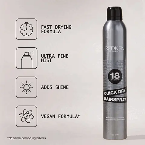 Image 1, Image of the quick dry hairspray. Text- Fast drying formula, ultra fine mist, adds shine, vegan formula. No animal derived ingredients. Image 2, Pro tip- for multi-step styles, apply after each step to get maximum hold. Image 3, Fine mist that dries instantly offers long lasting results and instantly fixes a style in shape. Image 4, customer review- 5 stars, I use this hairspray all the time as it is lightweight quick drying and hair still has natural movement. LookFantastic verified customer review. Image 5, Long-lasting volume, flexible finish, thick and full feeling hair, vegan formula, no animal derived ingredients. Image 6, Swatch- volumizing spray foam formulated with wheat protein. Image 7, Pro tip- spray foam in small sub-sections for precise application. image 8, Step by step guide of use- Step 1 shows- section wet hair and spray Root Lifter directly to roots. Step 2- Blow dry roots to mid-lengths. Step 3- Use round brush to perfect ends. Image 9- Image of the range. Text- Style Confidently