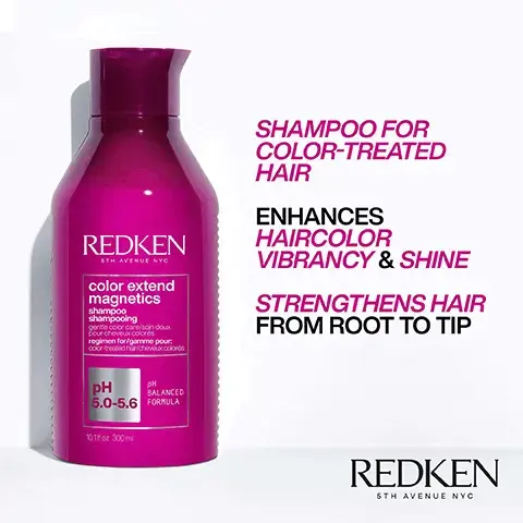 Image 1, REDKEN STH AVENUE NYO color extend magnetics shampoo shampooing gentle color carson doux pour cheveux colores regimen for/gamme pour ooor-treated cheux.coords SHAMPOO FOR COLOR-TREATED HAIR ENHANCES HAIRCOLOR VIBRANCY & SHINE STRENGTHENS HAIR FROM ROOT TO TIP PH BALANCED PH 5.0-5.6 FORMULA 10.1 oz 300ml REDKEN 6TH AVENUE NYC Image 2, REDKEN STH AVENUE NYC color extend magnetics conditioner gende color care regimen for: color-treated hair PH BALANCED pH 3.5-4.5 FORMULA CONDITIONER FOR COLOR TREATED HAIR ENHANCES HAIRCOLOR VIBRANCY & SHINE DETANGLES 1891 500m REDKEN 6TH AVENUE NYC Image 3, 1 LEAVE-IN CONDITIONER HEAT PROTECTION UP TO 450°F/230°C STRENGTHENS DETANGLES REDKEN ON-SOF URE DEFINICA 25 BENEFITS SHINE SUA ONE UNITED ALL IN ONE TRANATH ONE MULT PORTELS SP 51 oz 150 me. image 4, love color extend magnetics? try new acidic color gloss level up your colour care and activate glass like shine.