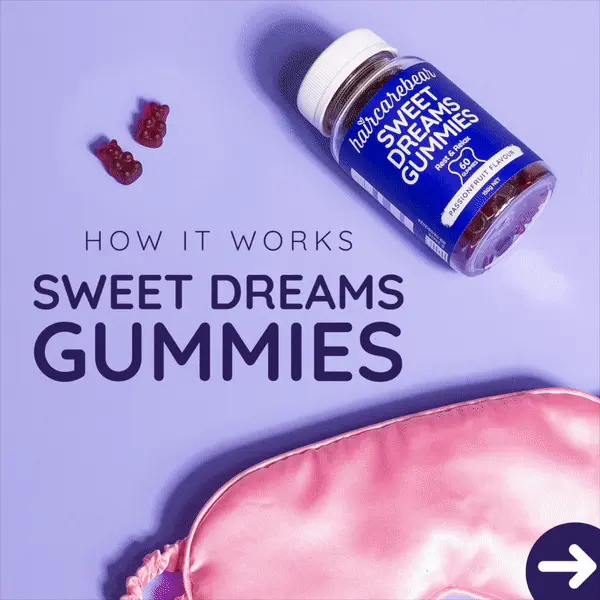 How it works sweet dream gummies. This little bear is full of sweet dreams. Designed to be taken before bedtime. 40mg Valerian Root extract per serve. Sugar free. Vegan. Natural passionfruit flavour.