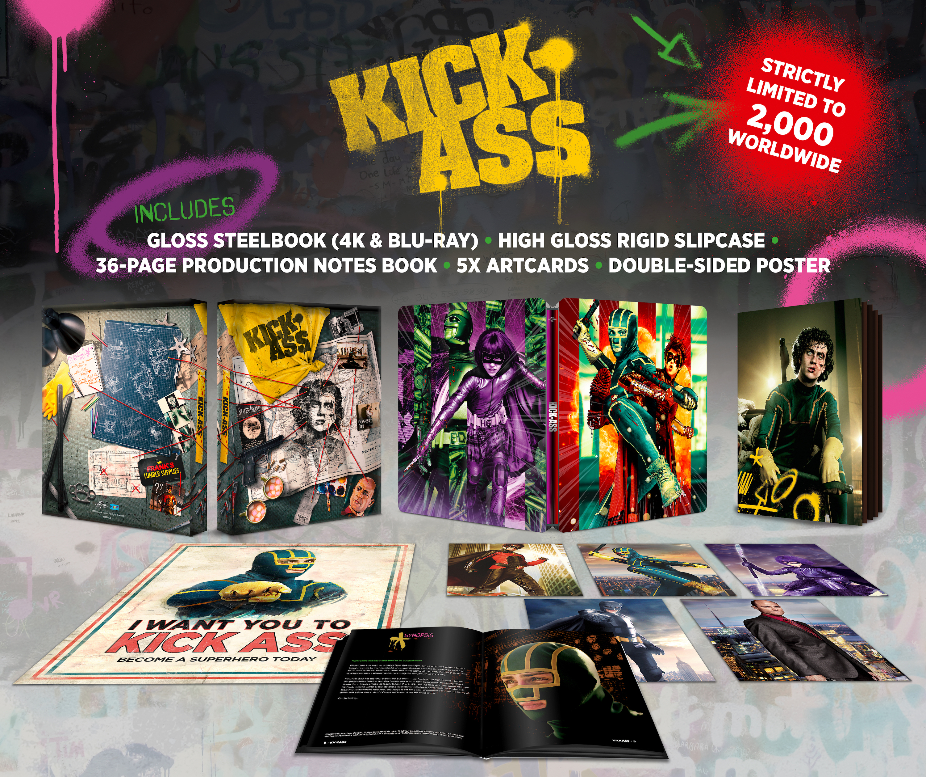 Image showing all the content of the Steelbook set. Gloss Steelbook 4K and Blu Ray. High Gloss Rigid Slipcase. 36 Page Production Notes Book. 5 Artcards. Double Sided Poster. Strictly Limited to 2000 Units Worldwide.
