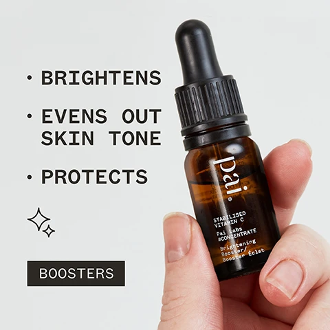 Image 1 - A person holds a small amber dropper bottle labeled Pai with visible text that reads BRIGHTENS, EVENS OUT SKIN TONE, PROTECTS, and the word BOOSTERS at the bottom.
              Image 2 - A close-up of a persons hand applying a dropper of skincare serum to their shoulder, with text overlay reading very gentle and brightens up my skin when it’s feeling a little dull or lacklustre. ALICE L, alongside organic and certification logos.