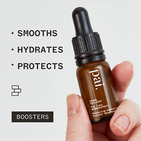 Image 1 - A person holds a brown glass dropper bottle labeled pai with text listing benefits: SMOOTHS, HYDRATES, and PROTECTS, along with the word BOOSTERS at the bottom.
              Image 2 - A close-up image of a brown glass bottle of Pai vegan collagen serum with a dropper held above, featuring visible text that includes a customer review and product details, reading absolutely love it it leaves my skin feeling soft and plump Sharan P.