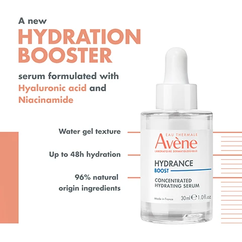 Image 1 - Image of a clear glass bottle of Avène Hydrance Boost concentrated hydrating serum with a dropper lid, featuring a white background and text that states A new HYDRATION BOOSTER serum formulated with Hyaluronic acid and Niacinamide, along with additional details including Water gel texture, Up to 48h hydration, 96% natural origin ingredients, and Made in France.
              Image 2 - Avene Hydrance Boost Concentrated Hydrating Serum in a clear bottle with a dropper top, features text indicating 96% natural origin ingredients and up to 48H hydration, along with a green impact index rating shown as ABCD.
              Image 3 - Image shows four skincare products from the brand Avène arranged in a line, labeled with numbers 1 to 4, where the products include a cleansing foam, thermal spring water spray, hydrating boost serum, and an aqua-gel cream-in-gel, with visible text reading CLEANSE Cleansing Foam, SOOTHE AVÈNE THERMAL SPRING WATER SPRAY, BOOST HYDRANCE BOOST SERUM, and HYDRATE HYDRANCE AQUA-GEL HYDRATING CREAM-IN-GEL.
              Image 4 - A close-up image of two droplets of serum on a white surface with text highlighting HYDRANCE BOOST SERUM, and labels for Hyaluronic Acid, Avène Thermal Spring Water, and Niacinamide, along with the text Intense hydration.