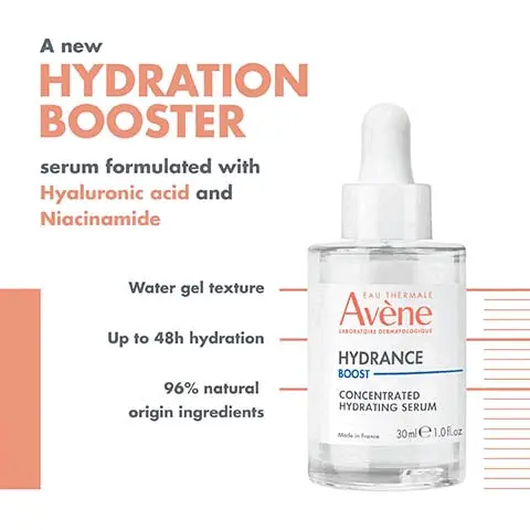Image 1, a new hydration booster serum with hyaluronic acid and niacinamide, water gel texture, 48 hour hydration, 96% natural origin ingredients. Image 2, 96% natural origin ingredients, up to 48 hours hydration, green impact index level B. Image 3, hydrance boost serum, hyaluronic acid, avene thermal spring water, niacinamide, intense hydration. Image 4. 1 = cleanse with cleansing foa,, 2 = soothe with avene thermal sprint water spray. 3 = boost with hydrance boost serum, 4 = hydrate with hydrance aqua gel, hydrating aqua cream in gel