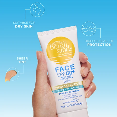 Image 1 - A hand holds a tube of Bondi Sands Face SPF 50+ sunscreen lotion with a blue gradient background, featuring the labels Suitable for dry skin, Sheer tint, and Highest level of protection, along with Everyday lotion, Tinted - Hydrating, and Sunscreen lotion sheer coverage for dry skin suitable for sensitive skin.
              Image 2 - A hand holds a tube of Bondi Sands Face SPF 50+ tinted sunscreen lotion against a light blue background, with two review quotes displayed above it mentioning its effectiveness and suitability for makeup. The visible text includes bondi sands. The Australian tan, FACE SPF 50+, very high protection, everyday lotion, tinted - hydrating, sunscreen lotion, super coverage for dry skin, and suitable for sensitive skin.