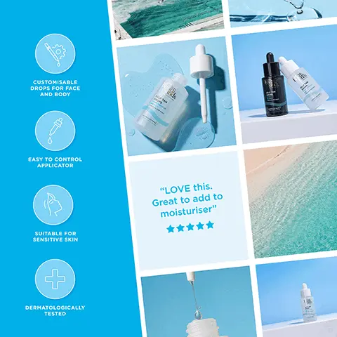Image 1 - Image features a set of skincare products with customizable drops for face and body, alongside icons indicating features like easy applicator, suitability for sensitive skin, and dermatological testing; visible text reads LOVE this. Great to add to moisturiser, along with five stars for ratings.
              Image 2 - An image of a hand holding a bottle of self-tanner with a light blue background, displaying tanning tips that include steps for application: step one emphasizes cleanliness, step two instructs on adding self-tan drops to moisturizer and applying, and step three advises on washing hands after use.