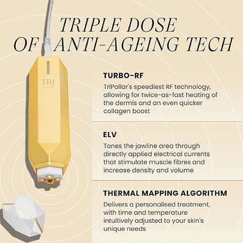 image 1, triple dose of anti-aging tech. turbo-RF tripollar's speediest RF technology, allowing for twice as fast heating of the dermis and an even quicker collagen boost. ELV tones the jawline area through directly applied electrial currents that stimulate muscle fibres and increase density and volume. thermal mapping algorithm - delivers a personalised treatment with time and temperature intuitively adjusted to your skin's unique needs. image 2, treatment mapping stop v x gold 2.