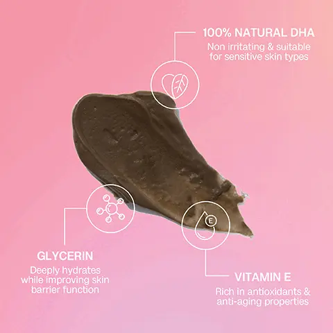 Image 1 - A smooth, dark brown cosmetic cream is displayed against a soft pink background, with labels highlighting its benefits: 100% natural DHA, glycerin for hydration and skin barrier improvement, and vitamin E for its antioxidant and anti-aging properties.
              Image 2 - A model stands in a white bikini, showing her legs in a side-by-side comparison labeled Before on the left and After on the right, where she holds a black bottle of self-tanner.
              Image 3 - A smiling woman holding a bottle of Bali Body tanning product is shown, with text that reads Achieve a deep, ultra dark tan, LIGHTWEIGHT & QUICK DRY FORMULA, MADE WITH NOURISHING OILS & 100% NATURAL DHA, and STREAK-FREE RESULTS.
              Image 4 - Image shows a woman applying a tanning product on her leg against a pink background, with visible text outlining three steps: STEP 1: Begin with clean, freshly exfoliated skin. STEP 2: Apply the aerated foam to your mitt. Smooth over your entire body using long, sweeping motions. STEP 3: Allow the product to develop for a minimum of 1 hour. For a deeper result, leave on for at least 3-4 hours.
