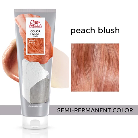 image 1, peach blush semi permanent colour. image 2, before - hair previously highlighted. after with colour fresh mask peach blush applied to all the hair. image 3, moisturised and smooth hair. image 4, zero damage formula. image 5, results visible within 10 minutes. image 5, before (pre lightened or balayage highlights, level 8/0 and after on low porosity hair. results not noticeable on darker levels. image 6, for best results use with colour brilliance. image 7, 9 natural looking shades.