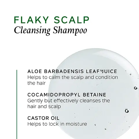 Image 1, Flaky scalp cleansing shampoo: Aloe Barbadensis leaf juice that helps to calm the scalp and condition the hair, Cocamidopropyl betaine that gently but effectively cleanses the hair and scalp and caster oil that helps to lock in moisture. Image 2, Before and after model shot