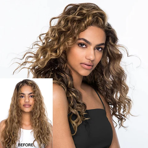 Image 2 - A woman with long, curly hair features in the main image on the right, showing a styled look, while a smaller inset image on the left displays her hair before styling, with visible text BEFORE.
              Image 3 - A woman with long, curly black hair and neutral makeup is looking at the camera, with text on the right side listing qualities of a product: Alcohol-free, Anti-frizz, Weightless, Crunch-free, Non-sticky.
              Image 4 - Two bottles of Color Wow Dream Coat for Curly Hair are displayed against a pink tiled background, with visible text reading Only one step to perfect curls.