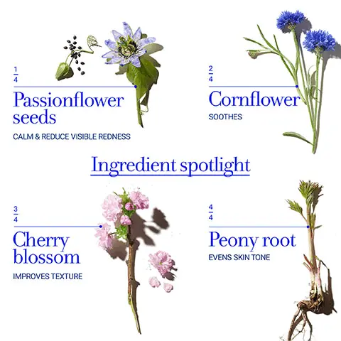 Image 1, Passionflower seeds calm and reduce visible redness. Cornflower soothes. Cherry blossom improves texture. Peony root evens skin tone. Image 2, Clinically proven to -53% in visible redness, +36% even toned skin, +42% smoother texture- dermatologist tested for sensitive skin- clinical assessment, 32 subjects, 4 weeks. Image 3 & 4, before and after shots to show results over 28 days