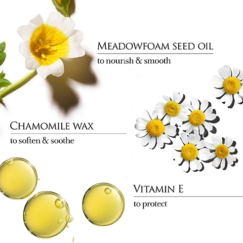 meadowfoam seed oil to nourish and smooth. chamomile wax to soften and smoothe, vitamin e to protect.