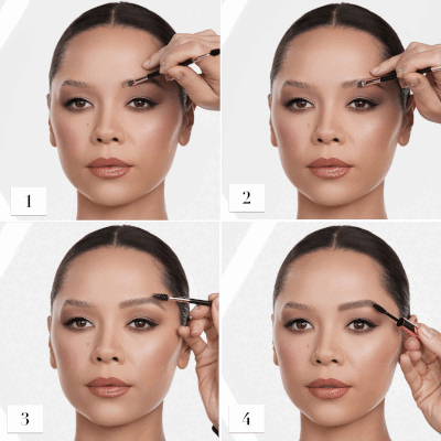 Before and after image showing the benefits of using this product. This proof brow kit will give you fuller-looking brows. The shades this product comes in is taupe, soft brown, medium brown, dark brown and ebony.