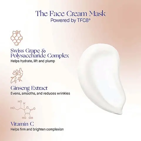 Image 1, the face cream mask, powered by TFC8/ Swiss grape and polysaccharide comples = helps hydrate, lift and plump. ginseng extract = evens, smooths, and reduces wrinkles. vitamin c = helps firm and brighten complexion. Image 2, clinically proven results after 12 weeks. skin hydration improved by 164%. radiance and skin tone, skin looked 365% more even,. firmness and elasticity, skin felt 271% firmer. **in a 12 week clinical trial of 30 participants, using for 20 minutes before rinsing off. Image 3, user proven results after 12 weeks. hydration and renewal = 98% agree their skin is left feeling intensely hydrates. radiance and appearance = 99% agree their complexs tone and texture is noticeably improved, 94% agree the face cream mask reduces the appearance of fine lines and wrinkles. firmness and elasticity = 98% agree skin looks lifted, tighter and firmer. **in a 12 week consumer perception study of 106 participants, using for 20 minutes before rinsing off. Image 4, how to use, step 1 = in upward, sweeping motions, apply the face cram with the hypoallergenic applicator over the face, neck and decollete step 2 = allow the skin to absorb for at least 8-10 minutes before rinsing thoroughly, or apply as an overnight mask and rinse off in the morning. step 3 = follow with your augustins bader skincare routine. Image 5, order to use: 1 = cleanse with the cream cleansing gel and the cleansing balm. 2 = firm and lift with the face cream mask. 3 = nourish and strengthen, the eyebrow and lash enhancing swrum. 4 = tone and exfoliate, the essence. 5 = correct and illuminate with the serum. 6 = revitalize and refresh with the eye cream. 7 = hydrate and renew with the light cream, the cream, the rich cream, the ultimate soothing cream.