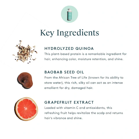 Key Ingredients: Hydrolyzed Quinoa, This plant based protein is a remarkable ingredient for hair, enhancing color, moisture retention and shine. Baobab seed oil: From the African tree of life (known for its ability to store water) this rich silky oil can act as an intense emollient for dry damaged hair. Grapefruit extract: Loaded with vitamin C and antioxidants, this refreshing fruit helps revitalize the scalp and returns hair's vibrance and shine.