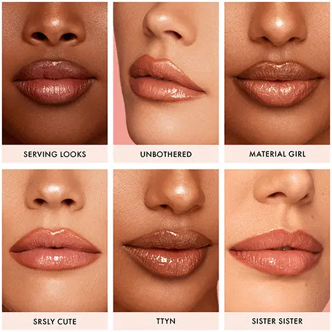 Image 1, shades = serving looks, unbothered, material girl, srsly cute, ttyn, sister sister. Image 2, swatches on three different skin tones, sister sister, serving lewks, unbothered, srsly cute, ttyn, material girl. Image 3, maria wears melting touch lip balm in the shade in the nude and fuller pout lip sculpting liner in the shade material girl. Image 4, maria wears melting touch lip balm in the shade in the love language and fuller pout lip sculpting liner in the shade ttyn. Image 5, millie wears melting touch lip balm in the shade in the nude and fuller pout lip sculpting liner in the shade sister sister. Image 6, melting touch lip balm and fuller pout lip sculpting liner, line lips with hyaluronic-infused pencil, blur using the soft focus sponge, carve lips using concealer, glide on ultra nourishing glossy balm, wow the perfect pout.