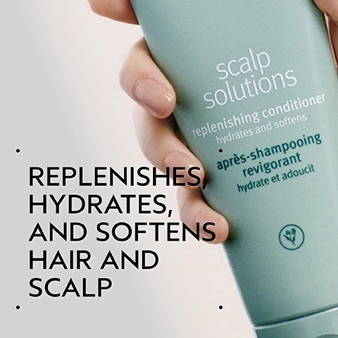 Image 2 - A hand holds a teal bottle labeled scalp solutions, replenishing conditioner, hydrates and softens, après-shampooing, revigorant, hydrate et adoucit, with a plant logo, and large black text on the left reads REPLENISHES, HYDRATES, AND SOFTENS HAIR AND SCALP. Image 3 - A split image shows a before and after comparison of long, dark hair; the left panel labeled BEFORE displays dull, slightly frizzy hair and the text Unwashed Hair, while the right panel labeled AFTER shows smooth, shiny, and styled hair with the text Results with Scalp Solutions Exfoliating Scalp Treatment, Balancing Shampoo, Replenishing Conditioner, Hydrating Hair & Scalp Masque and Overnight Scalp Renewal Serum. Styled with Pure Abundance Style-prep™ and Air Control™ Light Hold Hair Spray. Image 4 - A dark green background with a white circle displaying a vibrant orange slice, green citrus slices, fresh mint leaves, white citrus blossoms, and orange peel fragments, accompanied by the text Clean, Uplifting Aroma and Bright citrus notes of lemon and orange with neroli and crisp, cool mint. Image 5 - The image displays a four-step hair care routine on a dark green bubbly background, featuring circular insets showing hands applying products to a persons hair and scalp, with the visible text How to Use, 01 Exfoliate Scalp Solutions Exfoliating Scalp Treatment, 02 Massage Scalp Solutions Stimulating Scalp Massager, 03 Cleanse & Condition Scalp Solutions Balancing Shampoo & Replenishing Conditioner, 04 Treat & Refresh Scalp Solutions Overnight Scalp Renewal Serum, Hydrating Hair and Scalp Masque & Refreshing Protective Mist. Image 6 - A close-up of a smooth, thick white cream with soft swirls and gentle peaks, indicating a rich texture. Image 7 - Three white certification logos are displayed on a dark green leafy background with a red plant stem on the left: a circular logo with a V and the text 100% VEGAN, the Certified B Corporation logo, and the Cruelty Free International leaping bunny logo.