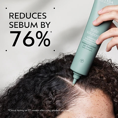 Image 2 - A hand applies a green tube of product to a persons scalp with dark, curly hair, next to text that reads REDUCES SEBUM BY 76%*, AVEDA THE ART AND SCIENCE OF PURE FLOWER AND PLANT ESSENCES, scalp solutions exfoliating scalp treatment exfoliates and invigorates, traitement exfoliant cuir chevelu exfolie et revigore, and *Clinical testing on 27 women after using product one time. Image 3 - A large translucent green droplet with tiny green bubbles is shown against a blurred green and white background, with the text A REFRESHING BLEND and WINTERGREEN-DERIVED SALICYLIC ACID, GLUCOSAMINE FROM FERMENTATION DEEPLY EXFOLIATES THE SCALP. Image 4 - A before and after comparison image shows a womans long, dark hair; the BEFORE panel on the left depicts hair that is dull and slightly frizzy with the text Unwashed Hair, while the AFTER panel on the right displays the same hair looking smooth, shiny, and healthy, with accompanying text Results with Scalp Solutions Exfoliating Scalp Treatment, Balancing Shampoo, Replenishing Conditioner, Hydrating Hair & Scalp Masque and Overnight Scalp Renewal Serum. Styled with Pure Abundance Style-prep™ and Air Control™ Light Hold Hair Spray. Image 5 - The image displays a four-step scalp care routine with circular insets showing a hand applying an exfoliating scalp treatment, then a hand massaging a foamy scalp with a stimulating massager, followed by a hand cleansing and conditioning wet hair, and finally a hand applying an overnight scalp renewal serum with a dropper, alongside the text How To Use, 01 EXFOLIATE Scalp Solutions Exfoliating Scalp Treatment, 02 MASSAGE Scalp Solutions Stimulating Scalp Massager, 03 CLEANSE & CONDITION Scalp Solutions Balancing Shampoo & Replenishing Conditioner, 04 TREAT & REFRESH Scalp Solutions Overnight Scalp Renewal Serum, Hydrating Hair and Scalp Masque & Refreshing Protective Mist. Image 6 - A split image shows a before and after comparison of the back of a persons head with dark, wavy hair, with the BEFORE image on the left depicting dry, slightly frizzy hair and the AFTER image on the right showing shinier, more defined, and hydrated hair, accompanied by the text BEFORE, AFTER, Unwashed Hair, and Results with Scalp Solutions Exfoliating Scalp Treatment, Balancing Shampoo, Hydrating Scalp & Hair Masque, Refreshing Protective Mist, Overnight Repair Serum. Styled with Aveda Men Pure-formance™ Pomade, Texture Tonic, Light Elements Defining Whip, and Air Control™ Light Hold Hair Spray. Image 7 - A translucent pale green gel with many small air bubbles and textured swatches across its surface. Image 8 - Three white logos are displayed on a dark green background of tropical leaves and a red flower bud: a circle with a large V and the words 100% VEGAN, the Certified B Corporation logo with a B inside a circle and the text Certified B Corporation, and the Leaping Bunny logo with a rabbit and the text Cruelty Free INTERNATIONAL.