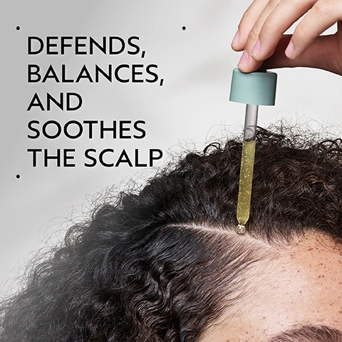 Image 2 - A hand applies a yellow liquid from a dropper to a persons dark, curly scalp, with the text Defends, Balances, and Soothes The Scalp visible on the left. Image 3 - A dark green image features a circular area of bright green liquid filled with bubbles, accompanied by the text BIOTECH NATURAL BLEND and LACTOBACILLUS FERMENT, ECTOIN, HYALURONIC ACID HELP IMPROVE SCALP HYDRATION. Image 4 - A split image shows a persons long, dark hair from the back, with the left side labeled BEFORE depicting dull, slightly frizzy hair and the right side labeled AFTER showing smooth, shiny, and well-defined hair; visible text includes Unwashed Hair, and Results with Scalp Solutions Exfoliating Scalp Treatment, Balancing Shampoo, Replenishing Conditioner, Hydrating Hair & Scalp Masque and Overnight Scalp Renewal Serum. Styled with Pure Abundance Style-prep™ and Air Control™ Light Hold Hair Spray. Image 5 - A four-step hair care routine is displayed with circular images showing product application to scalp, scalp massage with a brush, product worked into wet hair, and serum applied to scalp with a dropper, all set against a green, bubbly background with the text: HOW TO USE 01 EXFOLIATE Scalp Solutions Exfoliating Scalp Treatment 02 MASSAGE Scalp Solutions Stimulating Scalp Massager 03 CLEANSE & CONDITION Scalp Solutions Balancing Shampoo & Replenishing Conditioner 04 TREAT & REFRESH Scalp Solutions Overnight Scalp Renewal Serum, Hydrating Hair and Scalp Masque & Refreshing Protective Mist. Image 6 - A split image shows a persons head from behind, comparing their hair before and after treatment, with the left side displaying unwashed, messy dark curly hair and the right side showing the same hair looking clean, styled, and more defined, with text reading BEFORE, AFTER, Unwashed Hair, and Results with Scalp Solutions Exfoliating Scalp Treatment, Balancing Shampoo, Hydrating Scalp & Hair Masque, Refreshing Protective Mist, Overnight Repair Serum. Styled with Aveda Men Pure-formance™ Pomade, Texture Tonic, Light Elements Defining Whip, and Air Control™ Light Hold Hair Spray. Image 7 - A close-up shot of a glass dropper releasing a golden-yellow liquid drop into a pale green liquid, surrounded by numerous varying-sized bubbles, some with white centers and golden rings. Image 8 - A close-up of dark green leaves and a red plant stem features three white logos: a V symbol surrounded by 100% VEGAN, a Certified B Corporation logo, and the Cruelty Free International leaping bunny logo with two stars.