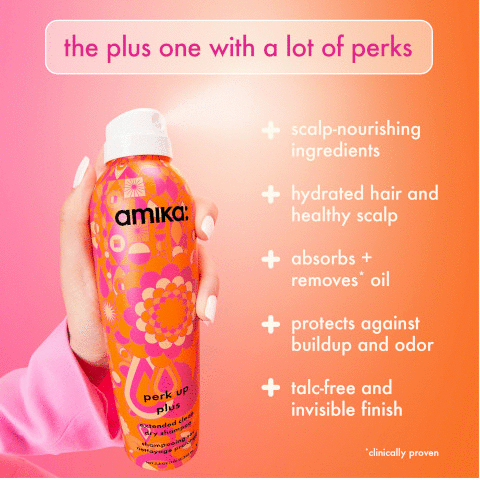 the plus one with a lot of perks amika: perk up plus extended clean dry shampoo calp-nourishing and hydrated hair and healthy scalp. absorbs removes oil and protects against buildup and odor. talc-free and invisible finish .clinically proven. 90% agreed perk up plus refreshed hair and scalp. based on a 52 person consumer feedback study lasting for 2 weeks. after one use 94% said perk up plus extends time even further between washes than other dry shampoos. 92% said perk up plus eliminates excess oil, sweat, and odor. 92%agreed that their hair looks and feels natural after use. based on feedback from a 2 week survey with 52 participants