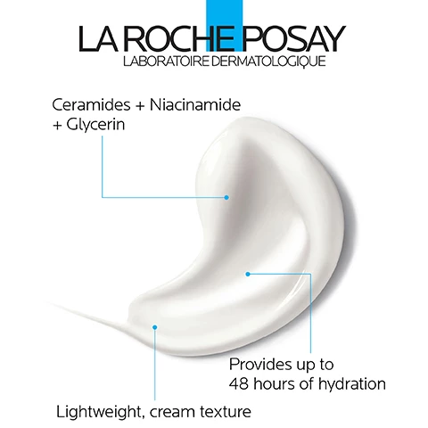 Image 1, la roche posay, ceramides and niacinamide and glycerin. provides up to 48 hours hydration, lightweight, cream texture. Image 2, apply to the face and neck in the morning and evening. Image 3, dermatologist recommended by board certified dermatologist, dr anna karp = i recommend the toleriane line of simple moisturizers to all my patients, especially those with sensitive skin, as they are fragrance free, paraben free, drying alcohol free and oil free. Image 4, la roche posay, dermatologist tested, allergy tested, oil free and non comedogenic