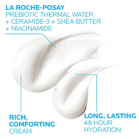 Image 1, la roche posay prebiotic thermal water plus ceramde-3 + shea butter + niacinamide. rich, comforting cream, long lasting 48 hour hydration. Image 2, key dermatological ingredients. la roche posaye prebiotic thermal water, soothing antioxidant a unique water rich in selenium a natural antioxidant. ceramide 3 skin indentical lipid, helps retain moisture and maintain a healthy skin barrier. shea butter emollient. sustainably sourced in burkina faso known for its soothing and restoring properties. Image 3, dermatologust tested, suitable for babies as young as 2 weeks, allergy tested, fragrance free, suitable for patients undergoing chemotheraphy and radiation. do not use on broken skin consult a medical professional prior to use. Image 4, lipikar ap+m made from recycled plastic