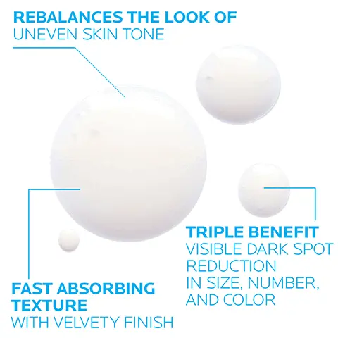 Image 1: Rebalances the look of uneven skin tone, triple benefit, visible dark spot reduction in size, number and color, fast-absorbing texture with velvety finish. Image 2: Apply morning and/or evening to face and neck