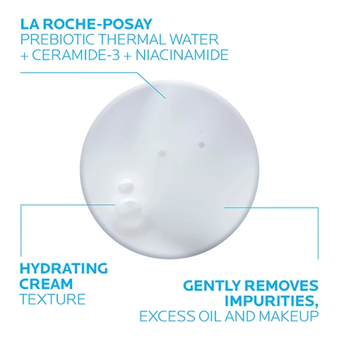 Image 1, la roche posay, prebiotic thermal water and ceramide and niacinamide. hydrating cream texture. gently removes impurities, excess oil and makeup. Image 2, dermatologist recommended by board certified dermatologist dr anna karp = i recommend that my patients with sensitve skin look for gentle cleansers free of ingredients that could cause irritation or skin reactions such as fragrance, drying alcohol and certain preservatives, parabens and sulfates. Image 3, la roche posay prebiotic thermal water, soothing antioxidant, a unique water rich in selenium a natural antioxidant. ceramide-3 skin identical lipid, helps retain moisture and maintain and healthy skin barrier. niacinamide, water soluble vitamin, known for its soothing and restoring properties. Image 4, cleanse and remove makeup. Image 5, dermatologist tested, allergy tested, oil free non comedogenic.