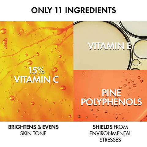 Image 1, Only 11 ingredients 15% vitamin C that brightens and evens skin tone, Vitamin E, Pine Polyphenols that shields from environmental stresses. Image 2, visible results on radiance in 10 days. Image 3, New and improved application designed to prevent formula contamination turn bottle upside down and squeeze clear tip to dispense. Image 4, New Size, Better Value, 10ml to 20ml, 20 ml in a 30ml bottle. Liquid does not completely fill the container