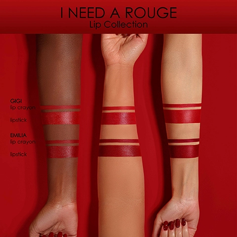I Need a Rouge Lip Collection- Shades modelled across three different skin tones- GiGi lip crayon, lipstick. Emilia lip crayon, lipstick