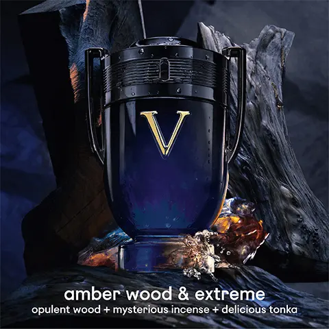 Image 1, Amber wood and extreme opulent wood and mysterious incense and delicious Tonka. Image 2, Invictus range comparison: eau de toilette- clean and fresh, eau de parfum- woody and fresh. extreme eau de parfum- woody and intense. parfum iintense- amber woody and extreme.
