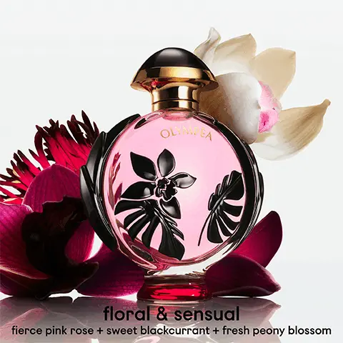 Image 1, floral and sensual- fierce pink rose and sweet blackcurrant and fresh peony blossom. Image 2, Olympea range comparison: Floral eau de parfum- floral and fruity. eau de parfum- warm and sensual. intense eau de parfum- floral and sensual. intense eau de parfum- warm and intense