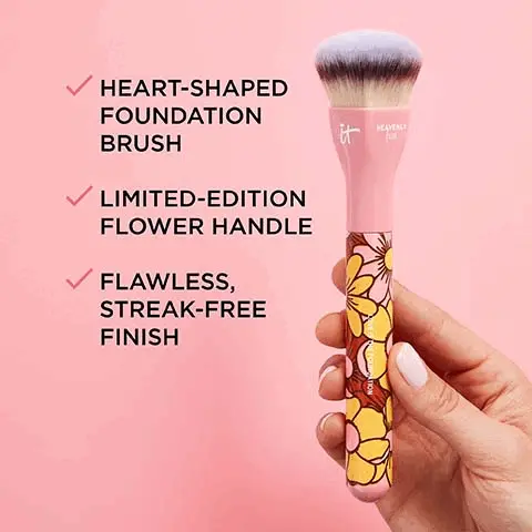Image 1, heart shaped foundation brush, limited edition flower handle, flawless streak free finish. Image 2, pairs well with all foundations - liquid, cream and powder. Image 3, works perfectly to buff and blend cc+ cream