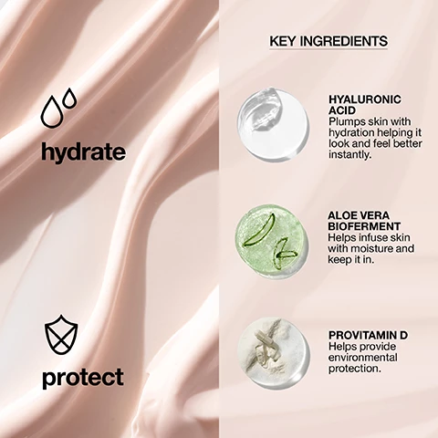 Image 1, key ingredients, hyaluronic acid plumps skin with hydration helping it look and feel better instantly. aloe vera bioferment, helps infuse skin with moisture and keep it in, provitamin d helps provide environmental protection. hydrate and protect. Image 2, before, during and after on three different skin tones. Image 3, difference between moisture surge SPF 25 sheer hydrator, moisture surge 100H auto-replenishing hydrator, moisture surge intense 72 hour lipid replenishing hydrator. moisture surge SPF 25 hydrator, key benefits = hydration meets sheer sun protection, texture = cloud like cream, key ingredients = aloe bioferment plus HA complex, provitamin D, skin type = all skin types. moisture surge 100H auto replenishing hydrator, key benefits = sinks in instantly lasts 100 hours, texture = weightless gel cream, key ingredients = aloe bioferment plus HA complex, blend of vitamins c plus e, skin type = all skin types. moisture surge intense 73H lipid replenishing hydrator, key benefits = 72 hours of hydration for velvety smooth skin, texture = rich cream gel, key ingredients = activated aloe water, cica, skin type = very dry to dry combination skin.