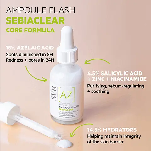 Image 1, AMPOULE FLASH SEBIACLEAR CORE FORMULA 15% AZELAIC ACID Spots diminished in 8H Redness + pores in 24H SVR [AZ] AMPOULE FLASH SEBIACLEAR 4.5% SALICYLIC ACID + ZINC + NIACINAMIDE Purifying, sebum-regulating + soothing 14.5% HYDRATORS Helping maintain integrity of the skin barrier Image 2, HIGH EFFICACY ه TEXTURE Milky, light + mattifying texture Quickly absorbed, invisible, non-greasy + non-sticky finish SVR AZ ECO-RESPONSIBLE 100% recyclable glass bottle AMPOULE FLASH SEBIACLEAR 81% Ingredients of natural origin Image 3, HOW TO USE Shake well before use Apply in the morning +/or evening to a clean, dry face Use on alone or in addition to your regular skincare products Image 4, CLEANSE TREAT SVR SVR LABORATORE DERMATOLO RENEW SERUM ACTIVE GEL SEBIACLEAR CONCTEUR T OTIONS FONTS PTS BLAC SVR SEBIACLEAR U-NEW MOUSSANT ACLEAR NT SANS SA IT, DESINCR CE CLEAN IG, EXFOL SEA TENGAN ONE SON SVR MICHO-PEEL SEBIACLEAR EAU RENOVATRICE DESINCRUSTANTE USSANTE INCLOGGING SHOOTHING SVR AZ AMPOULE PLAS SERUM Image 5, SEBIACLEAR Routine Sensitised acne-prone skin MORNING SVR + SVR + SVR WASH-OFF GEL CLEANSE AMPOULE FLASH TREAT SPF50+ CREAM PROTECT EVENING SVR + MICELLAR WATER CLEANSE SVR ACTIVE GEL TREAT