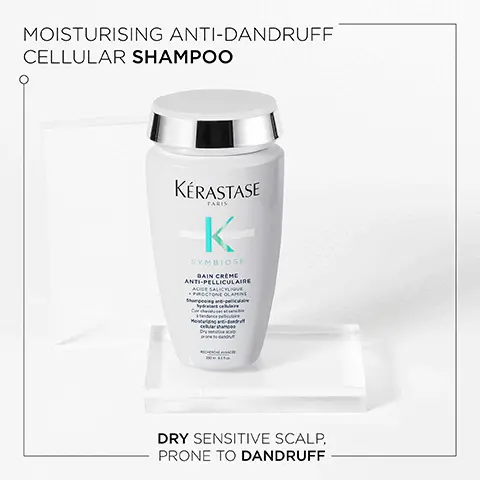 Image 1, moisturising anti-dandruff cellular shampoo, dry sensitve scalp prone to dandruff. Image 2, salicylic acid and prioctone olamine. Image 3, symboise, helps remove visible flakes, up to 97% more hyrdation, up to 3 weeks anti-dandruff efficacy. Image 4, your routine to fight dry scalp and dandruff 1 = peel, 2 = bat, 3 = care, 4 = treat.