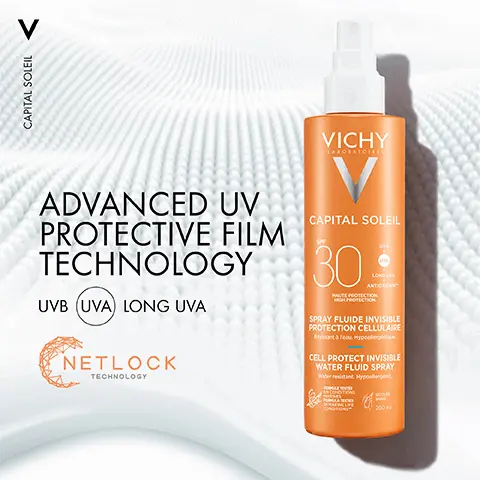 Image 1, Advanced UV protective film technology. Image 2, Lightweight invisible finish. Image 3, Protect against sun damage. For face: UV-AGE DAILY. For Body: CELL PRODUCT WATER FLUID SPRAY