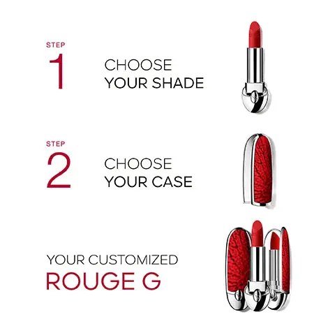 Image 1, Step 1, Choose your shade. Step 2, Choose your case. Your customised Rouge G. Image shows lipstick with case. Image 2, Luxurious Velvet 770 Red Vanda, images show the product being modelled across three different skin tones,
