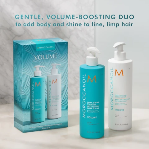 gentle, volume, boosting duo to add body and shine to fine, limp hair.