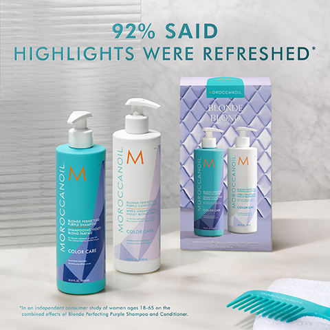 92% SAID HIGHLIGHTS WERE REFRESHED* MOROCCANOIL. BLONDE PERFEC PURPLE SHAMPO SHAMPOOING OU BLOND PART MOROCCANOIL. M NON PURPLE CON APREL SHANT COLOR CARE COLOR CARE "In on independent consumer study of women ages 18-65 on the combined effects of Blonde Perfecting Purple Shampoo and Conditioner. OROCCANOIL MOROCCANDIL BLONDE BLOND M 5M MOROCCANOIL