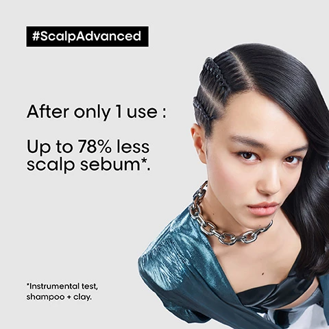 Image 1, scalp advanced after only 1 use, up to 78% less scalp sebum *instrumental test, shampoo plus clay. Image 2, scalp advanced review, stephanie said, i love the 2 in 1 deep purifier clay. the clay texture is incredibly, it really purifies my scalp from sebum. Image 3, anti oiliness protocol 1 = dermo clarifier shampoo. 2 = 2 in 1 deep purifier clay. 3 = intense soother treatment. Image 4, new pack, same great formula.