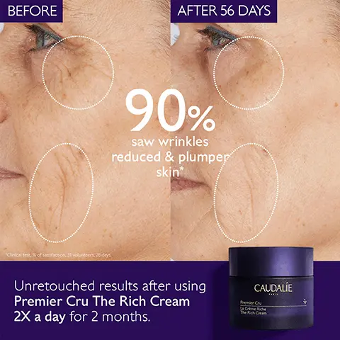 Image 1, before and after 56 weeks, 90% saw wrinkles reduced and plumper skin. unretouched results after using premier cry the rich cream twice a day for two months. Image 2, TET8 patent, target 8 signs of aging. bio ceramides, replenish and protect skin barrier. Image 3, how to recycle premier cru the rich cream. 1 = keep the glass jar and cap. 2 = recycle empty refill pod in home recycling. 3 = insert new refill pod into glass jar. Image 4, step 1 = the serum, step 2 = the cream or the rich cream, step 3 = the eye cream